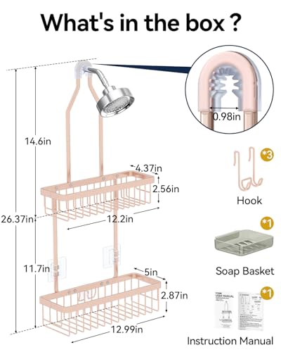 Never Rust Shower Caddy Hanging, Aluminum Shower Racks for Inside Shower, 2-Tier Shower Organizer Hanging Over Shower Head with Hooks and Soap Holder, Rose Gold - color: Rose Gold