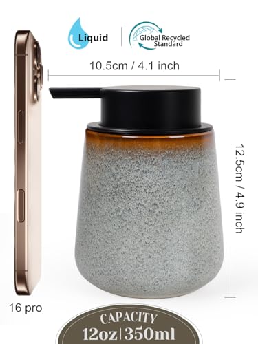 INGOFIN Ceramic Lotion Dispenser - 12 oz Refillable Hand Soap Dispenser Bathroom, Modern Liquid Dispenser with Pump, Dish Soap Dispenser for Kitchen, Kiln-Glazed Grey White - color: Grey and White