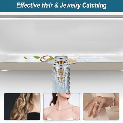 Universal Bathroom Sink Stopper - Upgraded Pop up Drain Strainer with Hair Catcher, Fits 1.1-1.5 Inch U.S. Standard Drain Holes - Anti-Clogging Filter - Pure Brass Construction