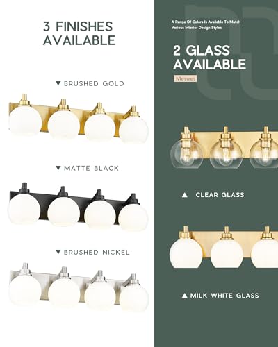 4-Light Brushed Gold Bathroom Vanity Light, Milk White Glass Globes | 26" modern bathroom light fixtures over mirror, E26 base, bulbs not included, VL195-BG-ML-4 - color: Brushed Gold, Milk Glass, size: 4-light