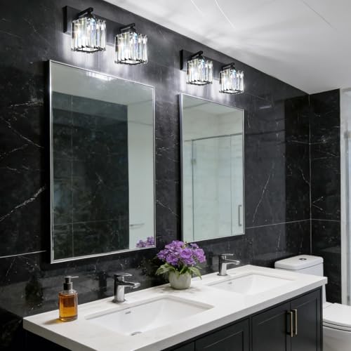Black Crystal Bathroom Vanity Light, 2-Light Modern Bathroom Lighting Fixtures Over Mirror, Matte Black Wall Sconce with Square Shade - color: Black-Square Shade, size: 2-LIGHT