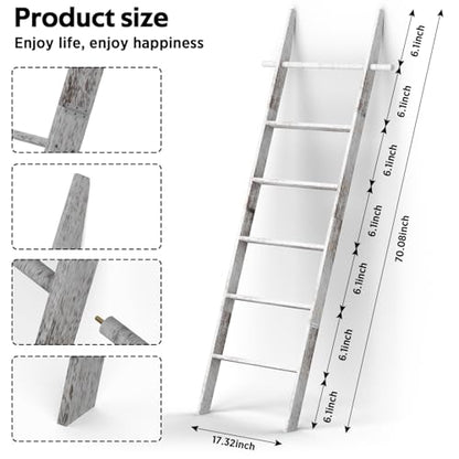Farmhouse Wooden Blanket Ladder Living Room White 6-Tier | Blanket Rack Decorative Stand with Removable Hooks, Leaning Towel Quilt Rack Holder - color: White