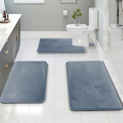 Clara Clark 3 Piece Bathroom Rugs, Velvet Memory Foam Bath Mat Set, Non-Slip Bath Rugs, Machine Wash, Dries Quickly, Ultra Soft Plush Bath Mats for Bathroom, 17 x 24/20 x 32 / Contour, Stone Blue - color: Stone Blue