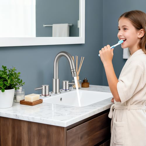 Bathroom Sink Faucet 3 Hole with Pull Down Sprayer, Brushed Nickel | Lead-free stainless steel, pop-up drain, 2-handle, 360°swivel, 8-inch widespread Faucet for RV/vanity sink, 3-hole mount - color: 2-Brushed Nickel, style: 8 Inch Pull Down