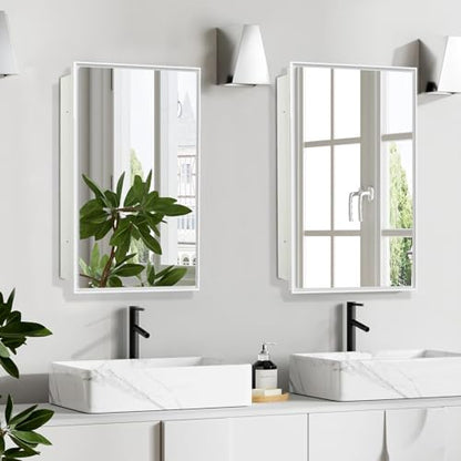 Plastic Medicine Cabinet with Mirror 16x26 inch, Recessed Medicine Cabinet or Surface Wall Mount Bathroom Cabinets with Adjustable Shelves, White Frame Mirror Cabinet - style: CS5003A-1626