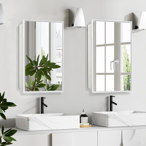 Plastic Medicine Cabinet with Mirror 16x26 inch, Recessed Medicine Cabinet or Surface Wall Mount Bathroom Cabinets with Adjustable Shelves, White Frame Mirror Cabinet - style: CS5003A-1626