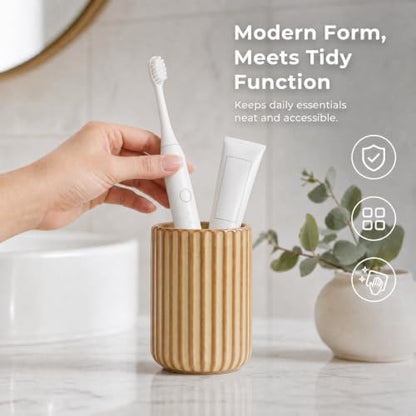 Beige Ceramic Toothbrush Holder Cup | Striped Modern Farmhouse Bathroom Organizer Toothpaste Cup & Makeup Brush Tumbler - color: Beige