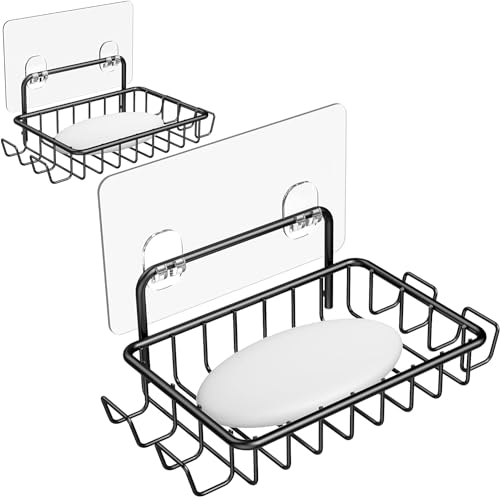 Nieifi Soap Dish,Bar Soap Holder for Shower Wall with 4 Hooks Stainless Steel Adhesive Soap Dish for Bathroom Shower Razor Holder (Black) - color: Black, size: 2 Pack