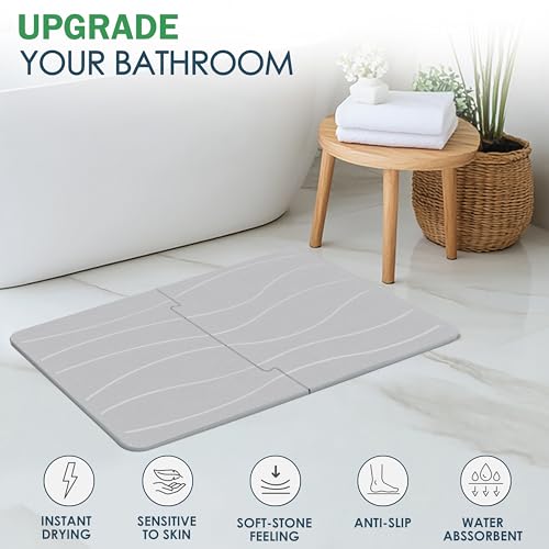Extra Large Stone Bath Mat 32 x 20 in, Non Slip Quick Dry Diatomite, Gray | Super absorbent surface, easy-care finish, includes non-slip pad, bathroom and dish-drying use - color: Extra Large Gray