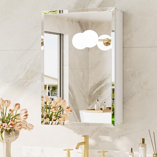 TokeShimi 16 x 24 Medicine Cabinets for Bathroom with Mirror, Assembly Required, Recessed Medicine Cabinet with Tempered Beveled Mirror, Stepless Adjustable Shelves, DTC Hinge - color: White, size: 16x24 in