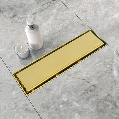Neodrain 12" Gold Linear Shower Drain,2-in-1 Flat& Tile Insert Cover | 304 Stainless Steel,Fast Drainage, Durable,Rectangle Shower Floor Drain with Adjustable Feet,Hair Strainer,Fits Bathrooms - color: Golden, size: 12 In