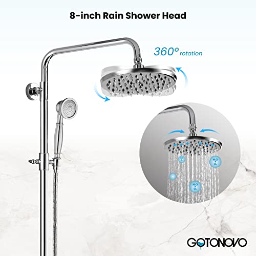 gotonovo Exposed Shower System with Shelf 2 Cross Handle Polished Chrome | Bathroom Brass Shower Faucet Set,8’’ Rainfall Head with Handheld Sprayer,SUS304 Shelf,6’’ Hole Distance,Adjustable Height - color: Chrome