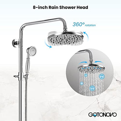 gotonovo Exposed Shower System with Shelf 2 Cross Handle Polished Chrome | Bathroom Brass Shower Faucet Set,8’’ Rainfall Head with Handheld Sprayer,SUS304 Shelf,6’’ Hole Distance,Adjustable Height - color: Chrome