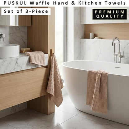 PÜSKÜL Natural 100% Turkish Cotton Waffle Kitchen and Hand Towels, 3-Piece | Beige, 32x16" Large, Premium 3D Honeycomb Weave Soft Absorbent Quick-Dry Lint-Free Dish Towel, Oeko-Tex Made in Turkey - color: Beige, size: Kitchen & Hand Towels Pack of 3