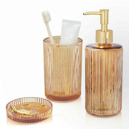 3 Pcs Brown Bathroom Accessories Set, Glass Bathroom Set, Soap Dispenser, Toothbrush Holder, Jewelry Tray, Crystal Modern Bathroom Decor, Housewarming Gift Set - style: 3 pcs Brown