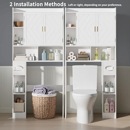 VECELO Over The Toilet Storage Cabinet, Storage Cabinet Over Toilet with Adjustable Shelves & Toilet Paper Holder Stand, Home Space-Saving Toilet Storage, for Bathroom, Restroom, Laundry, White - size: 32.3 inches x 7.8 inches x 70.2 inches