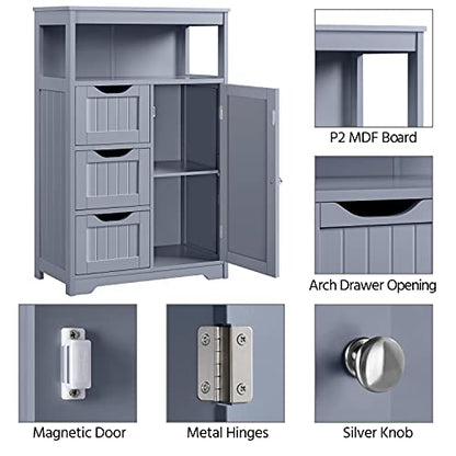 Topeakmart Wood Bathroom Floor Cabinet, Free Standing Storage Cabinet with 3 Drawers and Cupboard, for Hallway/Entryway/Living Room Accent Furniture, Gray - color: Grey