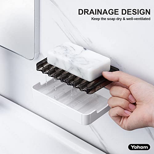 YOHOM Adhesive Bar Soap Holder for Shower Wall Hanging Soap Dish with Drain Tray Plastic Stick on Bathroom Sink Soap Holder 2PCS - color: Black + White