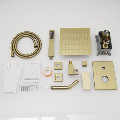 Brushed Gold Shower System 8 Inch Bathroom Luxury Rain Mixer Shower Combo Set Wall Mounted Rainfall Shower Head and Handheld System Shower Faucet Set Rough-in Valve Body and Trim Kit - color: Brushed Gold, size: 8 Inch
