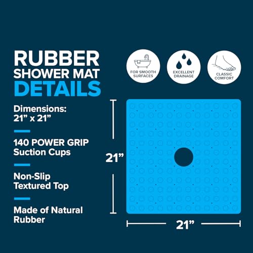 SlipX Solutions 21"x21" Mildew Resistant Non Slip Shower Stall Mat, White | Soft Durable Rubber Underfoot, Product Protection, 140 Power Grip Suction Cups, Center Drain Hole - color: White