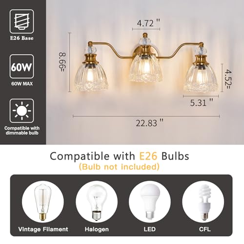 ASGYISA Lyfeesis Gold Bathroom Light Fixtures Over Mirror Vintage Brass Vanity Light 3 Light Crystal Glass Shade Matte Antique Brass Finish