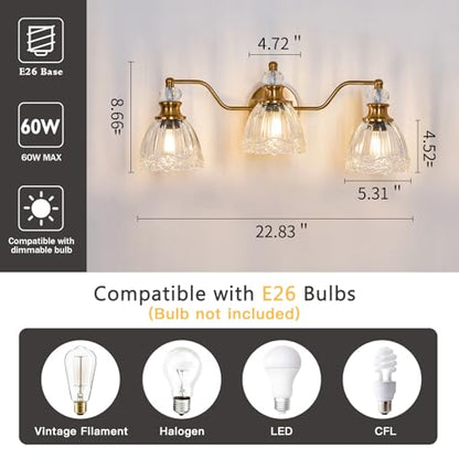 ASGYISA Lyfeesis Gold Bathroom Light Fixtures Over Mirror Vintage Brass Vanity Light 3 Light Crystal Glass Shade Matte Antique Brass Finish