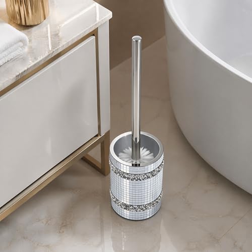 Silver Mosaic Toilet Brush Easy to Clean Household with Holder Set | Modern Style Bathroom Accessories, Equipped With a Sturdy Long Handle, Easy-To-Clean Household Toilet Brush - size: Toilet Brushes Holders