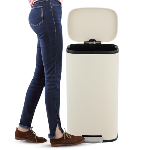 happimess Connor 2-Piece Iron Trash Can, Limestone Beige | 13.2 And 1.3 Gallons, Rectangular, Soft-Close Lid, Step Pedal, 20 Liners, 26" And 12" Height - color: Limestone Beige
