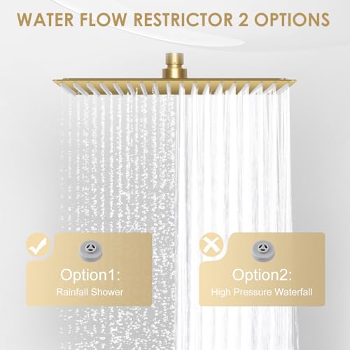 16 inch Brushed Gold Large Rain Shower Head Ceiling Mount - All Metal 304 Stainless Steel, Full Body Rainfall Shower with 324 Silicon Nozzles - Waterfall Bathroom Square Showerhead - color: Brushed Gold, size: 16 Inch Square