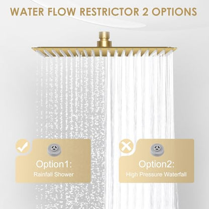 16 inch Brushed Gold Large Rain Shower Head Ceiling Mount - All Metal 304 Stainless Steel, Full Body Rainfall Shower with 324 Silicon Nozzles - Waterfall Bathroom Square Showerhead - color: Brushed Gold, size: 16 Inch Square