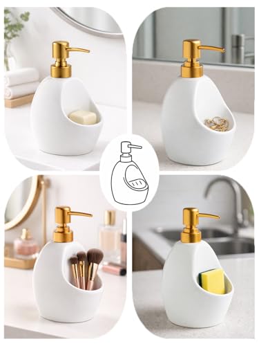 Ceramic Soap Dispenser with Sponge Holder – White Refillable Dish Soap Dispenser for Kitchen Sink, 2-in-1 Sink Organizer with Pump Bottle & Tray – Modern Farmhouse Countertop Accessory - color: White