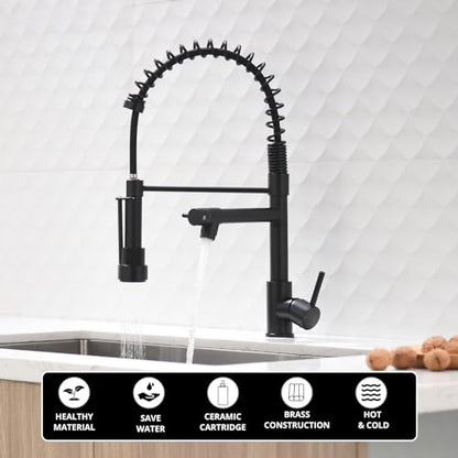 AIMADI Black Kitchen Faucet with 2 Function Sprayer,Commercial Stainless Steel Single Handle Single Hole Spring Matte Black Kitchen Faucet - color: Matte Black, style: Contemporary