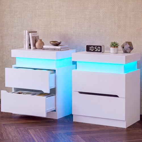 Nightstands Set of 2, Night Stand with 2 Drawers, Nightstand with App-Controlled Adjustable LED Light, Bedside Table with Slidable Hidden Storage Space, Modern Nightstands for Bedroom,White - color: Unbzx031wd2-zf