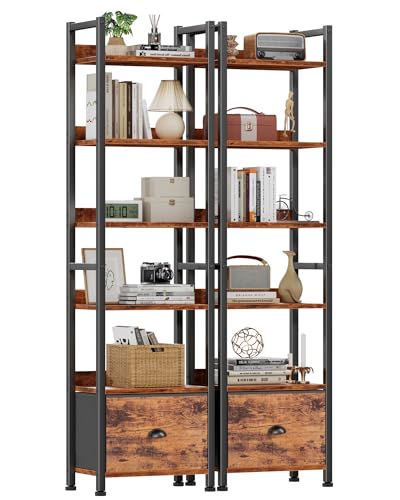 Furologee Book Shelf Set of 2, 6 Tier Tall Shelf with Drawer, Bookshelves and Bookcases Set of 2, Industrial Display Shelving Unit for Bedroom, Living Room, Home Office, Rustic Brown - color: Rustic Brown, size: 6 Tier-2 PCS