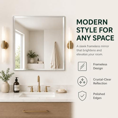 Frameless Square Bathroom Vanity Mirror with Beveled Edge - Shatterproof Wall Mounted Mirror with Safety Backing - 24x24 Inch - Fab Glass and Mirror - size: 24"L x 24"W, style: Square