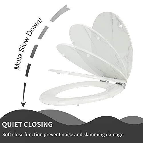 Angel Shield Marble Toilet Seat Durable Molded Wood with Quiet Close,Easy Clean，Quick-Release Hinges (Elongated,White Marble) - color: White Marble-Elongated, size: Elongated-18.5”