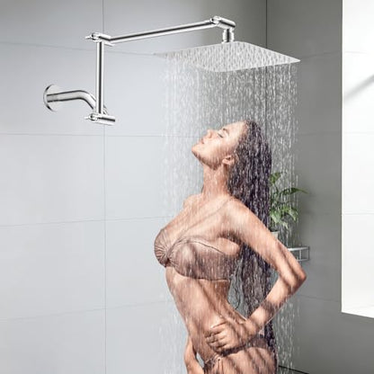All-Metal 16" Shower Head Extension Arm, G1/2" Universal/Adjustable, Chrome | Flexible Brass Shower Head Extender Adjustable Height/Angle, Stainless Steel Rain Shower Pipe Height Extended with Lock Joint - color: Chrome, size: 16 Inch