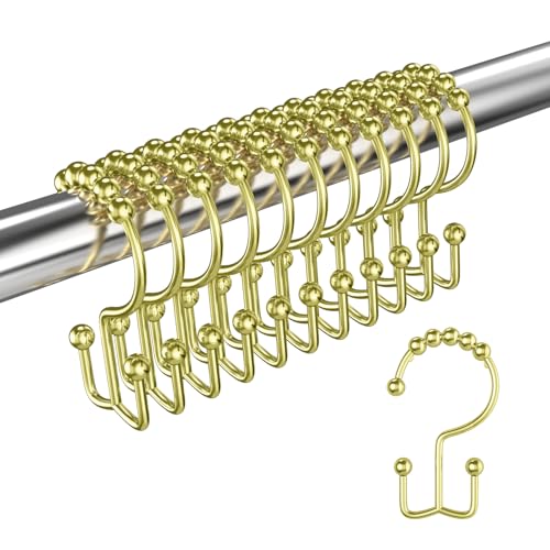 Light Gold Shower Curtain Hooks Double Sided with Roller Balls | for Bathroom Rods, for Shower Curtain and Liner, Smooth Gliding, Rustproof Metal, Set of 12 Hooks - color: Light Gold
