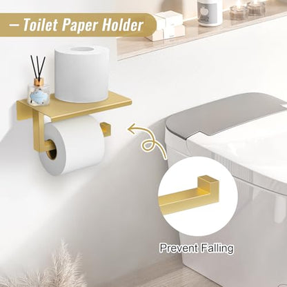 YACVCL Brushed Gold Bathroom Hardware Accessorie Set 23.6 Inch Towel Bar Set 5-Pieces Towel Rack&Holder Set for Bathroom,Upgraded Toilet Paper Holder with Shelf,Stainless Steel Wall-Mounted - color: 5 Pcs Brushed Gold
