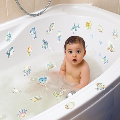 Whaline 24Pcs Ocean Animal Bathtub Non Slip Stickers Cute Sea Creature Anti Slip Adhesive Shower Decals with Scraper for Summer Bathroom Shower Floor Stairs Decor