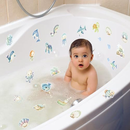 Whaline 24Pcs Ocean Animal Bathtub Non Slip Stickers Cute Sea Creature Anti Slip Adhesive Shower Decals with Scraper for Summer Bathroom Shower Floor Stairs Decor