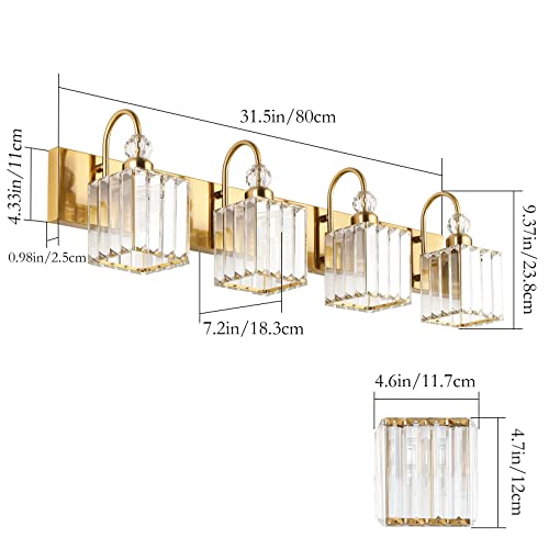 Ralbay Crystal Gold Bathroom Vanity Lights 4-Lights Vanity Lights Over Mirror Modern Crystal Gold Bathroom Wall Lighting Fixtures - color: Square-Gold, size: 4-light