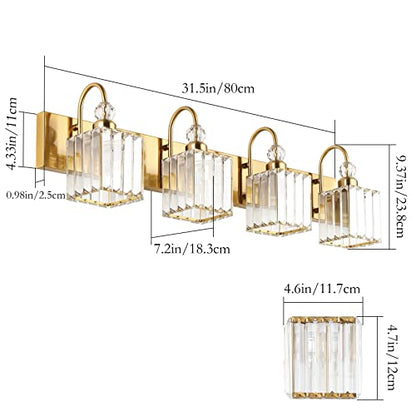 Ralbay Crystal Gold Bathroom Vanity Lights 4-Lights Vanity Lights Over Mirror Modern Crystal Gold Bathroom Wall Lighting Fixtures - color: Square-Gold, size: 4-light