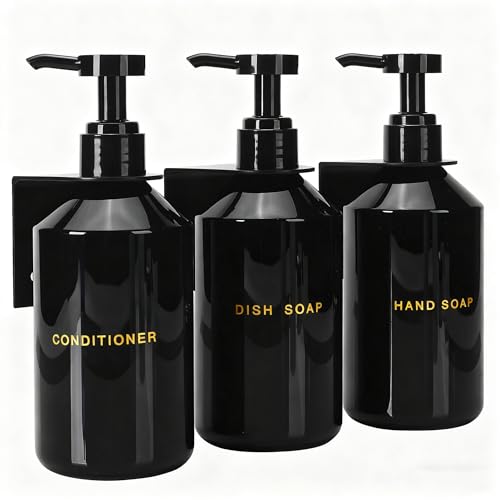 Wall Mounted Shampoo Dispenser for Shower, 3 Chamber 16.9 fl oz Each, 4CC Pump Soap Dispenser for Bathroom, Glossy Black Shampoo and Conditioner Dispenser with Crystal Labels (Black) - color: Black