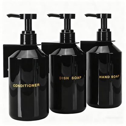 Wall Mounted Shampoo Dispenser for Shower, 3 Chamber 16.9 fl oz Each, 4CC Pump Soap Dispenser for Bathroom, Glossy Black Shampoo and Conditioner Dispenser with Crystal Labels (Black) - color: Black