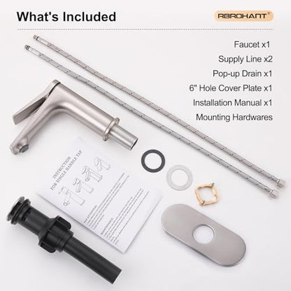 Rbrohant Single Hole Bathroom Faucet, Brushed Nickel Single Handle Bathroom Sink Faucets for 1 Hole, Bathroom Vanity Faucet with Pop up Drain and Cover Plate, Deck Mount, R2001-BNP - color: Brushed Nickel, style: With Escutcheon