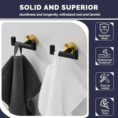 Angle Simple Double Towel Hooks, Bathroom Robe Coat Hook 2 Pack, Black Gold | Solid Stainless Steel, Heavy Duty Dual Holder for Shower Closet Kitchen Living room Entryway, Screws Wall Mounted - color: Black & Gold, size: 2 Pack
