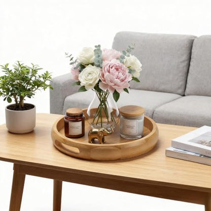 11.8" Round Bamboo Tray with Handles, Wood Serving Tray, Decorative Tray | Wooden Centerpiece Tray for Coffee Table, Kitchen, Living Room, Bedroom - size: 11.8"