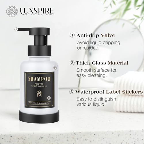 Luxspire Glass Foaming Soap Dispenser 15oz Hand Soap Bottle, White, 2 Pack | Anti-drip pump, wide mouth easy refill, non-slip silicone base, 7 waterproof labels, bathroom and kitchen sink use - color: White