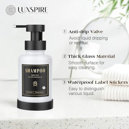 Luxspire Glass Foaming Soap Dispenser 15oz Hand Soap Bottle, White, 2 Pack | Anti-drip pump, wide mouth easy refill, non-slip silicone base, 7 waterproof labels, bathroom and kitchen sink use - color: White